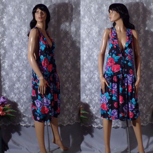 Vintage 90s Floral Dress Size Large 1990s Boho Whimsigoth Grunge Drop Waist Cute - Picture 1 of 6